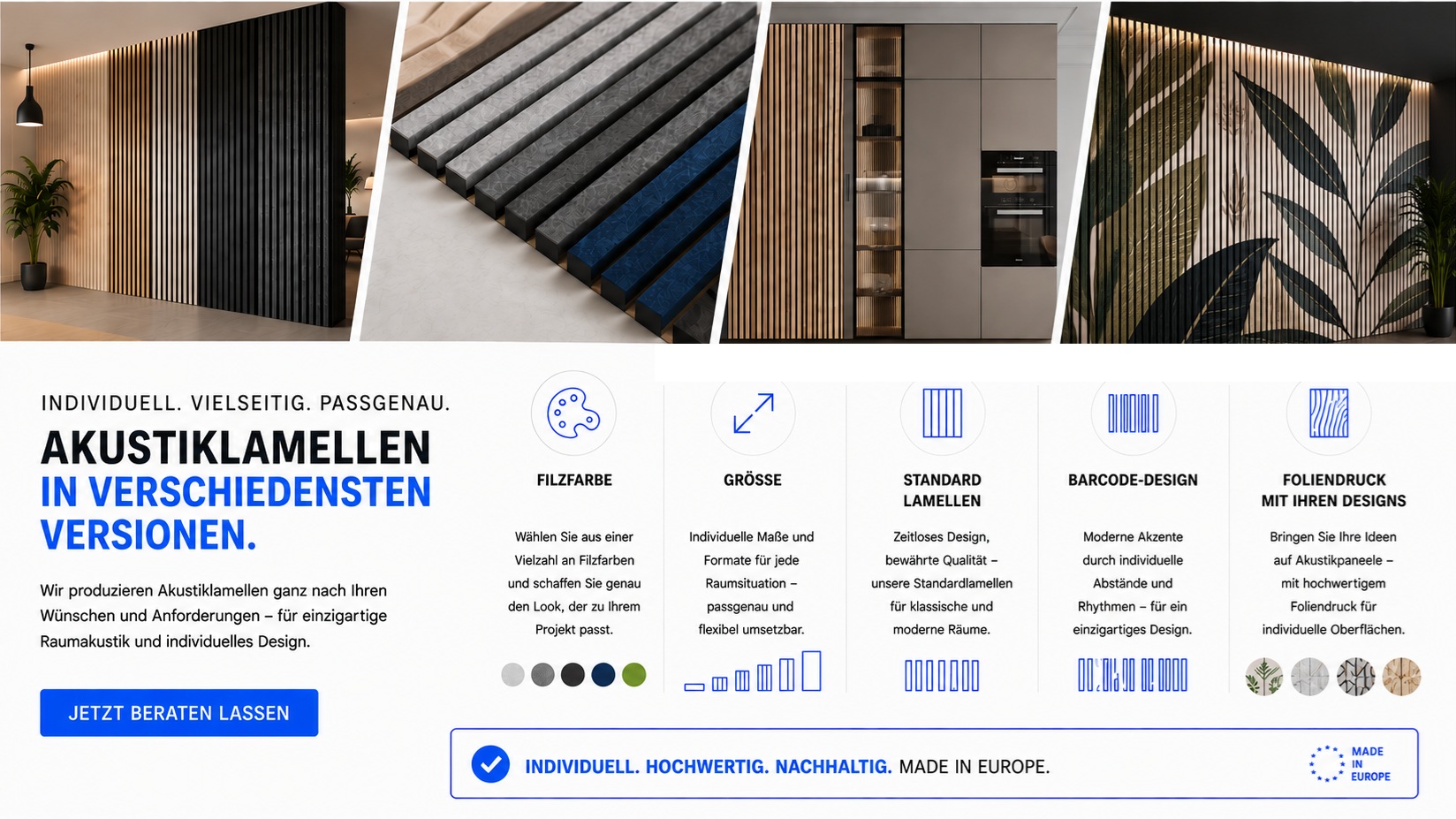 Collage aus modernen Innenräumen mit Akustiklamellen sowie Werbetext zu individuellen Designs und Optionen.
