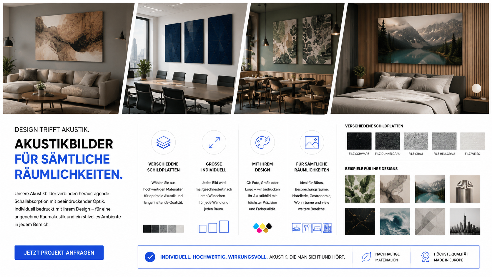 Collage aus vier stilvollen Innenräumen mit Akustikbildern sowie Infografik zu Schilderplatten, Farben und Designvorteilen.