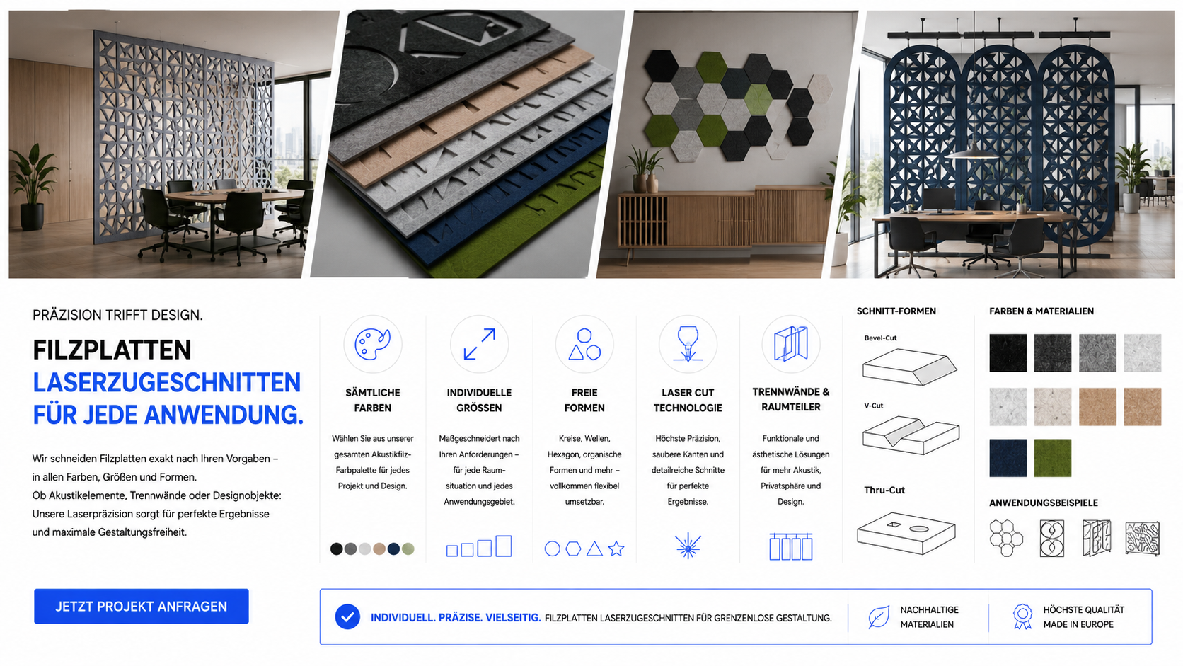 Collage aus Büroinnenräumen mit filigranen Laserschnitt-Filzplatten, daneben Materialmuster und technische Grafiken.