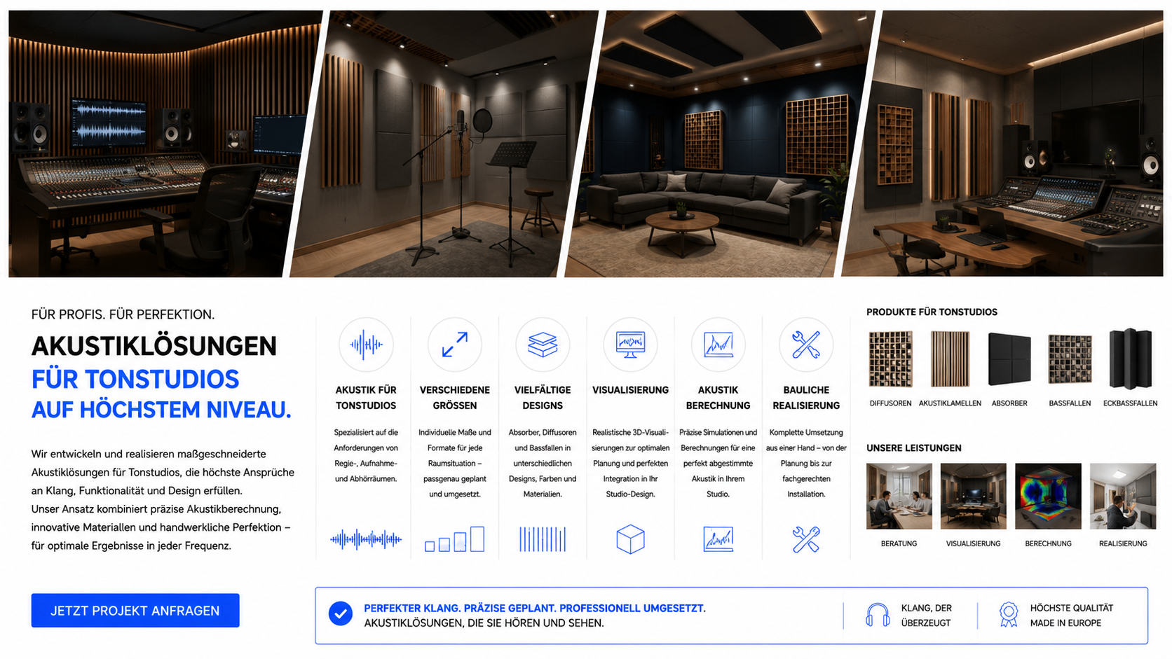 Collage aus Tonstudio-Räumen mit Akustikpaneelen, Mischpult und Mikrofonen, darunter Werbegrafik für Akustiklösungen.